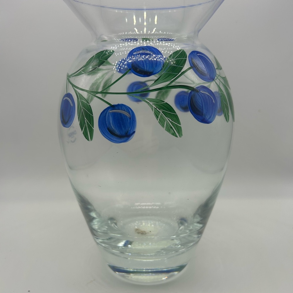 Hand-Blown Dansk Clear Vase with Hand-Painted Blueberries on Green Leafy Vine